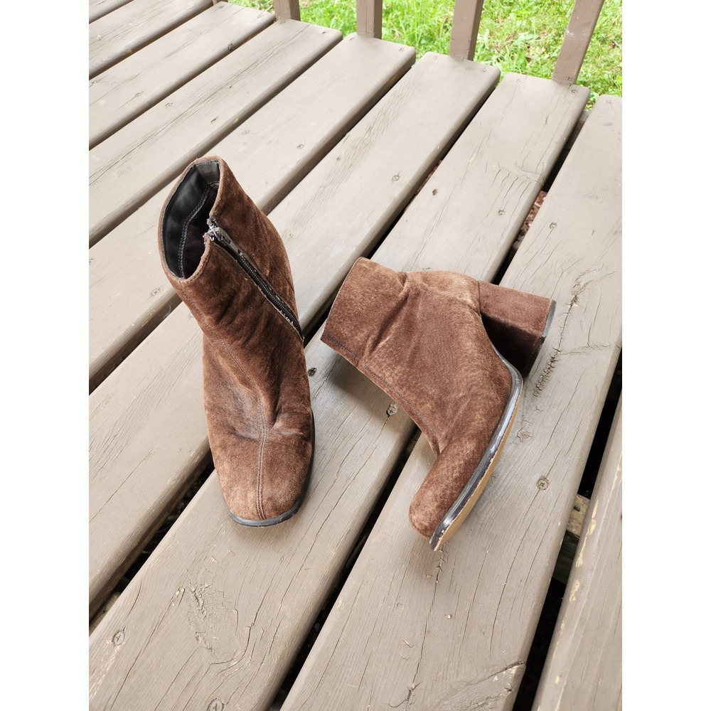 Vintage 90s Merona Ankle Boots Brown Suede Square Toe‎ Block Heel Size 10